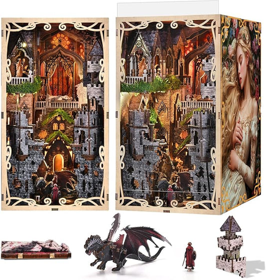 Book Nook Kit for Adults, DIY 3D Wooden Puzzle Booknook Bookshelf Insert Decor with LED Light and Dust Cover (Sleeping Beauty)