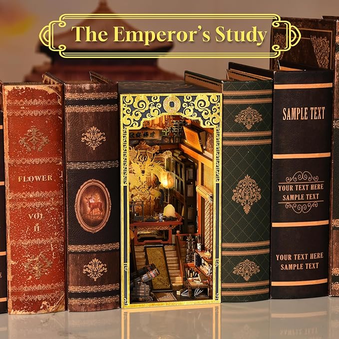 DIY Book Nook Kit for Adults, 3D Wooden Puzzle Bookend Bookshelf Insert Decor with LED Light and Dust Cover (The Emperor's Study)