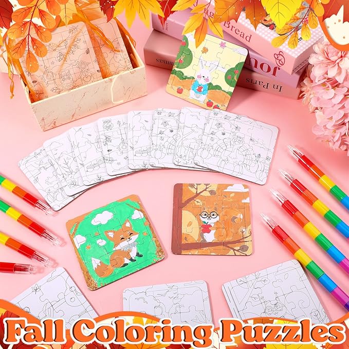 12 Sets Fall Puzzles Color Your Own Puzzles DIY Jigsaw Crafts with 12 Stackable Crayons and 12 Bags for Learning Education Toys Gifts Prizes Birthday Party Supplies(12, Fall)