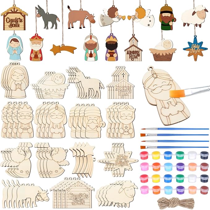 60 Pcs Wood Christmas Crafts for Kids DIY Paint Xmas Ornaments Blank Unfinished Wooden Cutouts Shapes Slices Hanging Embellishment for Christmas Tree Holiday Party Decor(Jesus Nativity)
