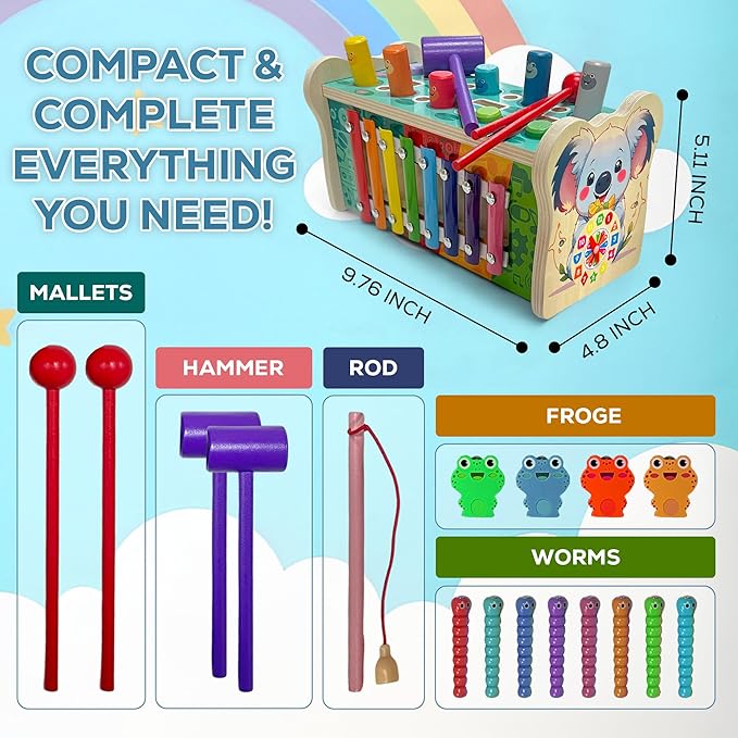Montessori Wooden Hammering Toy โ 6-in-1 Xylophone, Pound Bench, Shape Sorter & Learning Tool for Toddlers | Educational Musical Toy for Boys & Girls Ages 1โ5 | Develops Motor Skills & Sensory Play