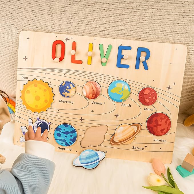 Personalized Name Puzzle for Kids, Custom Baby Gifts for Toddler 1-3, Customized 1st Birthday for Girls & Boys Wooden Planet Puzzle Montessor Toys for Kids