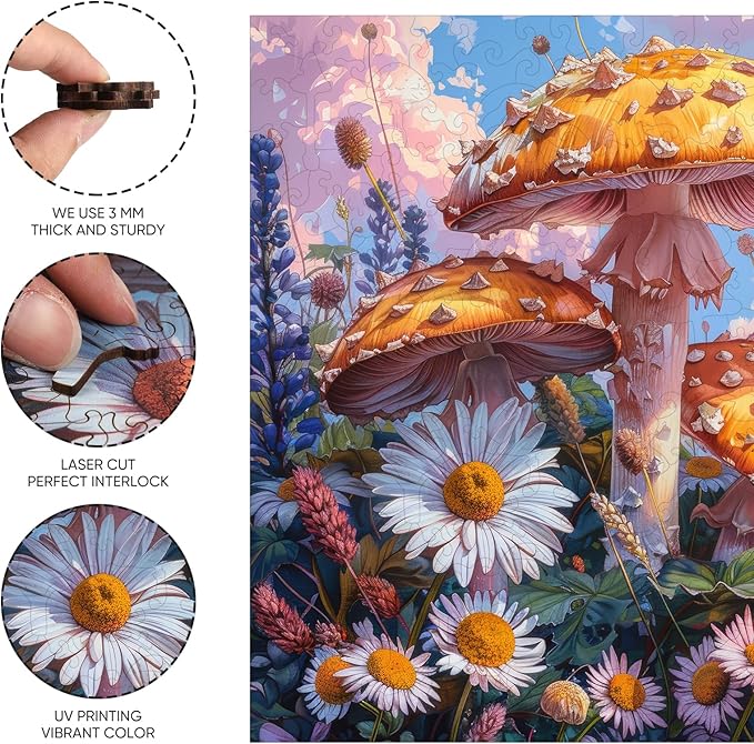 Wooden Puzzles for Adults 200 Pieces, Mushroom Flower Wooden Jigsaw Puzzles for Adult and Kids, 11.2 Inch Medium Size Family Reunion Puzzle, Valentine's Day Puzzle Gifts for Lovers Friends and Family