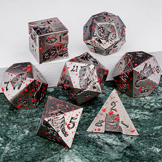 Metal DND Cat Dice Polyhedral RPG Dice Set with Gift Case for Dungeons Dragons Role Playing Game, 7PCS D and D Dice D6 D8 D10 D12 D20 D% (Blood)