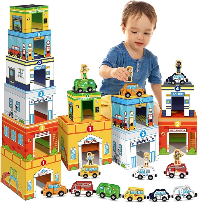 Aizweb Magnetic Wooden Vehicle Stacking Set,Sorting & Building STEM Blocks Cars Toys for Toddlers,Cardboard Educational Preschool Kindergarten Learning Montessori Toys for 1 2 3 Year Old Boys Girls