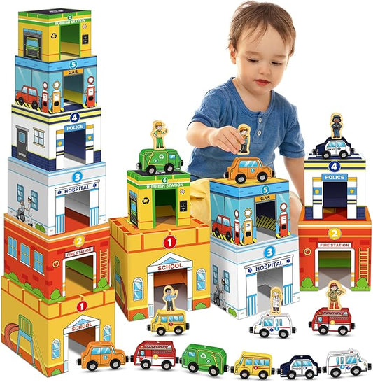 Aizweb Magnetic Wooden Vehicle Stacking Set,Sorting & Building STEM Blocks Cars Toys for Toddlers,Cardboard Educational Preschool Kindergarten Learning Montessori Toys for 1 2 3 Year Old Boys Girls