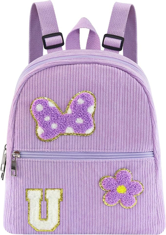 2 3 4 5 6 Year Old Girl Gifts Chenille Initial Mouse Bow Mini Backpack, Corduroy Toddler Backpacks Christmas Birthday Gifts for Girls 2-4 5-6, Purple Mini Diaper Bag Must Haves for Park Travel U