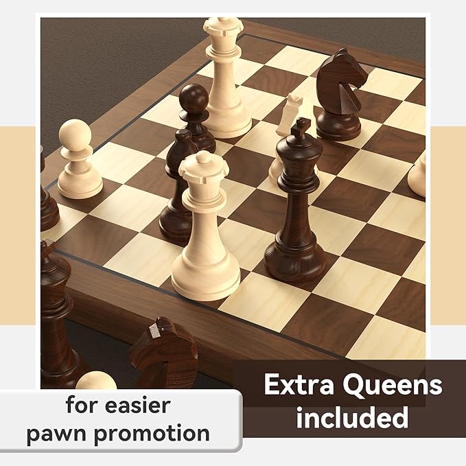Wooden Chess Pieces Large 3.75inch King Set of Luxury Staunton Wood Chessmen with 2 Extra Queen for Chess Board Game (Chess Pieces Only), Velvet Storage Bags Included