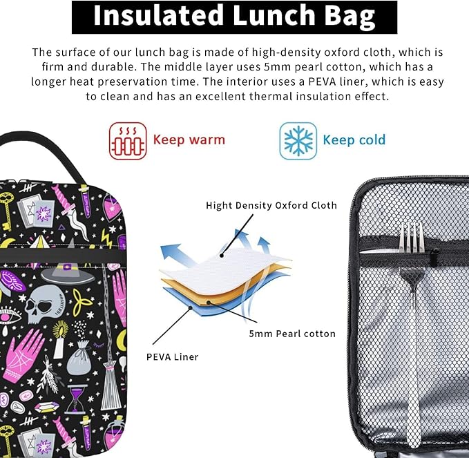 Magic Goth Spooky Gray Purple Reusable Lunch Box Food Bag Insulated Lunch Bag for Teenage Boys Girls School Beach