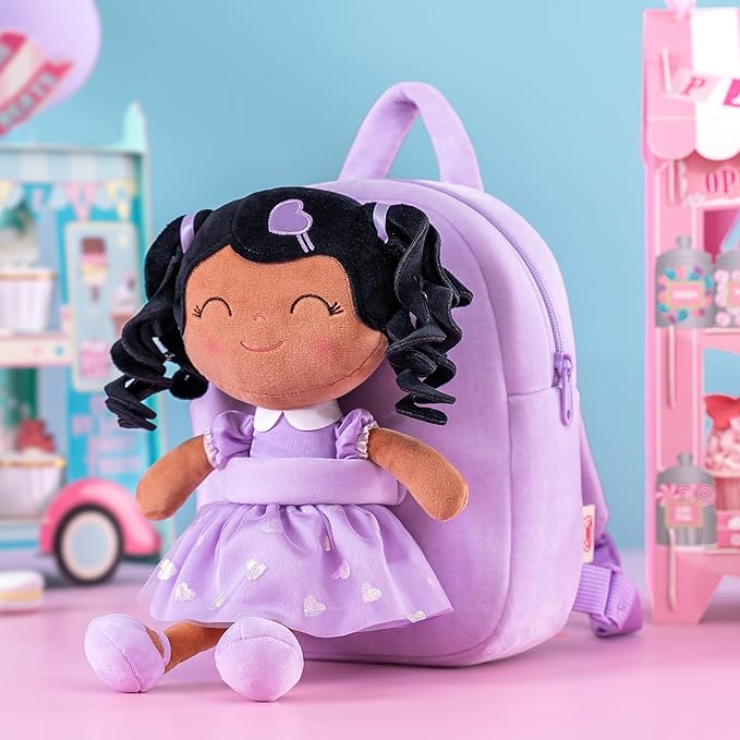 Gloveleya Back to School Gifts for Girls Toddler Backpack Baby Girls Gift Plush Bag Diaper Bag with Spring Girl Doll Curly Hair Girl Toys with Love Brown Purple 9 Inches
