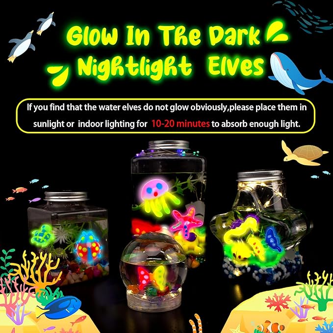 Kiditos Glow in The Dark Magic Water Elf Toy Kit-Squishies for Kids, 6 Gels & 6 Molds, Magic Gel Water Pets Sensory Toy, Fun DIY Craft Kit, Party Favors, Birthday & Christmas Gifts for Kids Ages 3+