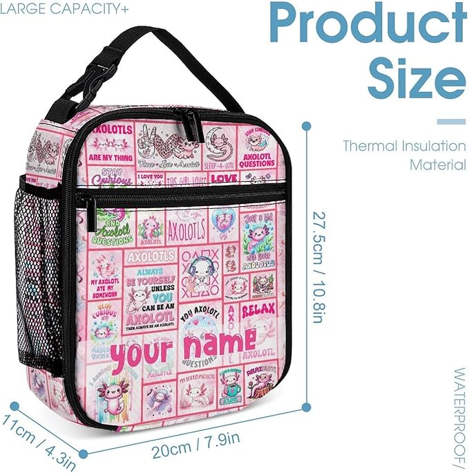 Custom Axolotl Lunch Box - Cute Reusable Axolotl Lunch Bag for Women Men Kids - Small Portable Foldable Insulated Lunchbox for School Work Picnic