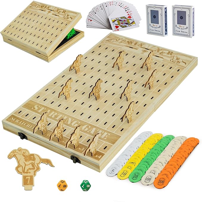 Horse Race Board Game, Foldable Horse Racing Game with 100 Chips, 12 Laser Wooden Horses, 2 D12 & 2 Cards, Thickened Solid Wood Horse Game Set Classic Board Games for Family Nights Party Gifts