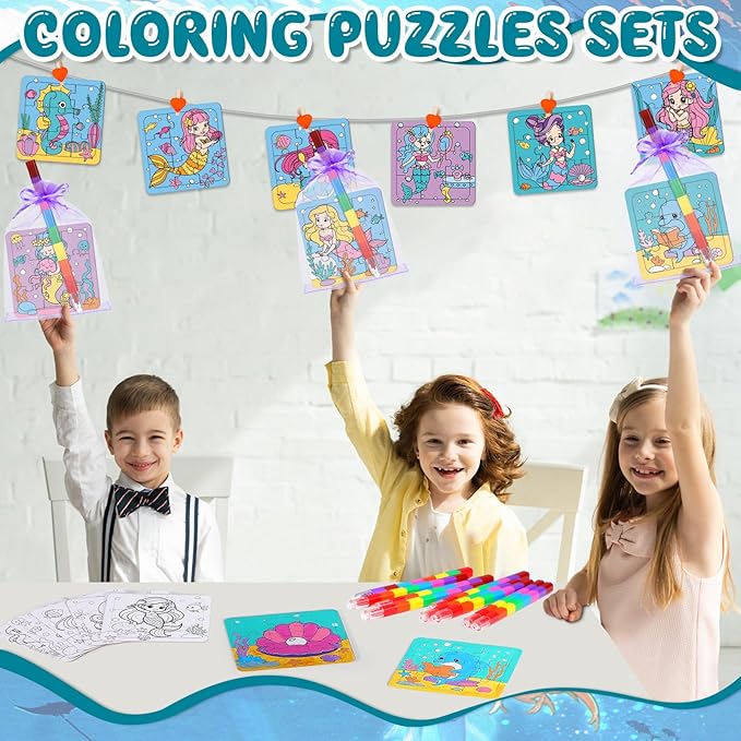 Fullhawl 12 Sets Mermaid Puzzles Underwater Color Your Own Puzzles DIY Jigsaw Crafts with 12 Stackable Crayons and 12 Bags for Under The Sea Theme Gifts Birthday Party Supplies(12, Mermaid)