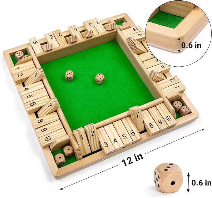 ropoda Wooden Shut The Box Game (2-4 Players) - Large 4 Sided Board, 8 Dice, Rules - Amusing Addition Game for Kids & Adults, 12 Inch