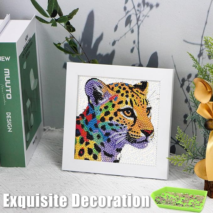 geesfayan Diamond Art Kits for Kids Ages 8-12,6 Inch DIY Gem Art Painting with 7 Inch Frame, Complete Starter Kit for Beginners, Creative Arts & Crafts Gift for Girls & Boys (Colorful Leopard)