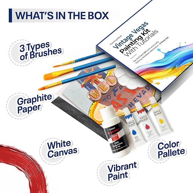 Painting4Real DIY Painting Class Kit for Adults with Video Tutorials: Learn to Paint Vegas Sign – How to Paint with Acrylics – Painting & Art Supplies – 9 Piece Acrylic Paint Set
