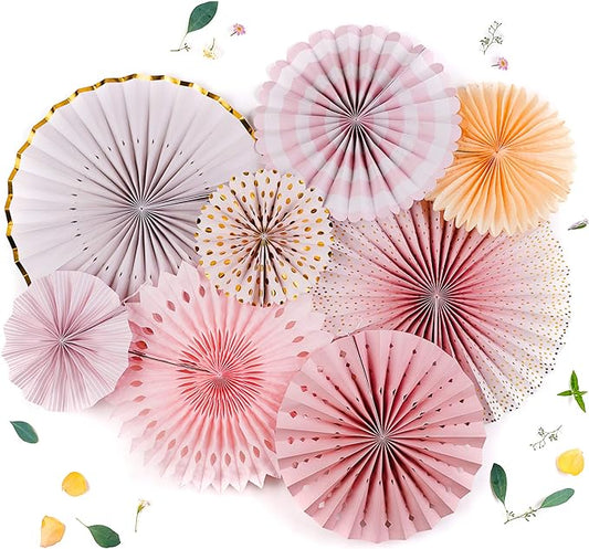 PapaKit Origami Wall Decoration Set (8 Assorted Round Paper Fans) Birthday Party Baby Shower Wedding Events Decor | Creative Art Design Pattern (Sparkling Pink Rose Blush, 8 Piece Set)