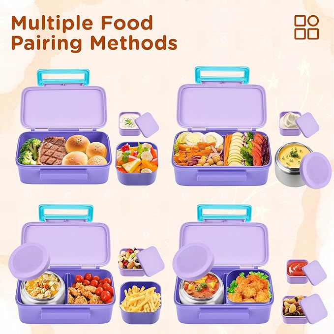 Bento Lunch Box for Kids With 8oz Thermo, Leakproof Bento Box with with 2 Compartments, Insulated Bottle, Lunch Bag, BPA Free Dishwasher Safe for School Girls Boys (Purple)