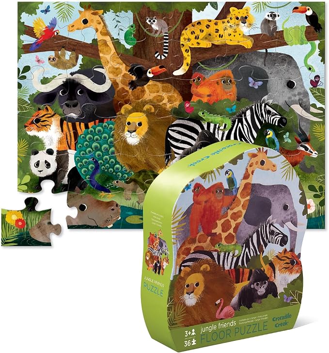 Crocodile Creek 36-Piece Jigsaw Floor Puzzle - Fun Floor Puzzles for Kids Ages 3-5 - Heavy-Duty Shaped Box for Storage - Jungle Friends - 27" W x 20" H Finished