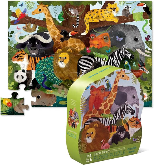 Crocodile Creek 36-Piece Jigsaw Floor Puzzle - Fun Floor Puzzles for Kids Ages 3-5 - Heavy-Duty Shaped Box for Storage - Jungle Friends - 27" W x 20" H Finished