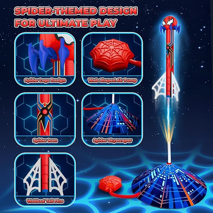 Spider Rocket Launcher for Kids, 4 Spider Rockets with Web Air Pump, Stomping Launch up Toys, Outdoor Outside Spider Toys Gifts for 3 4 5 6 7 8 9 10 Year Old Boys Girls Age 3-4 4-6 6-8 Birthday Gift