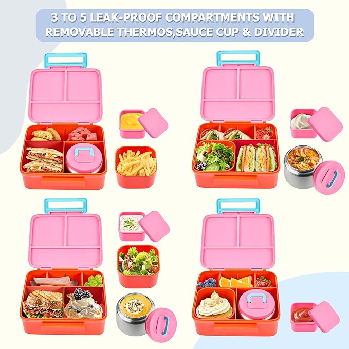 MAISON HUIS Kids Bento Box Set - Includes 8oz Soup Thermo, Insulated Lunch Bag & 17oz Stainless Steel Water Bottle, 5-Compartment Bento Box with Built-In Ice Pack, Leak-Proof & BPA-Free(Pink)