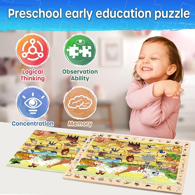 SYNARRY Wooden Puzzles for Kids Ages 4-6, 4 x 60 Piece Match & Find Puzzles for Kids Ages 3-5 Boys Girls, Educational Toys Gifts for 4-8 yo for Learning Jungle Savannah Polar Animals & City Life