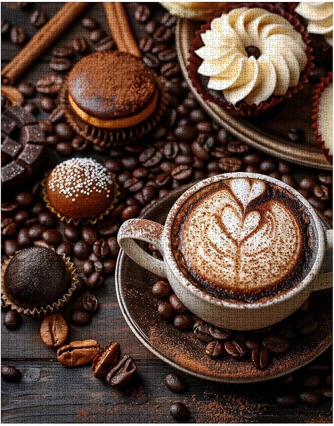 Tucocoo Coffee Cup Jigsaw Puzzles for Adults 1000 Pieces, Coffee Beans Pastry Gourmet Art Style Brown Painting 27x20 inch DIY Puzzles for Home Decoration Gifts, Family Puzzle Perfect for Game Nights