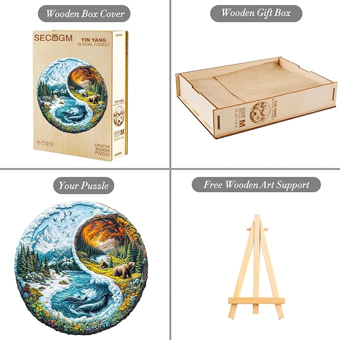 Wooden Puzzles for Adults - Yinyang Glacial Forest Wood Puzzles Adult - Unique Animal Shape Wooden Jigsaw Puzzles for Adults - Birthday Gifts for Puzzle Lovers, Family (8.5 * 8.5in)