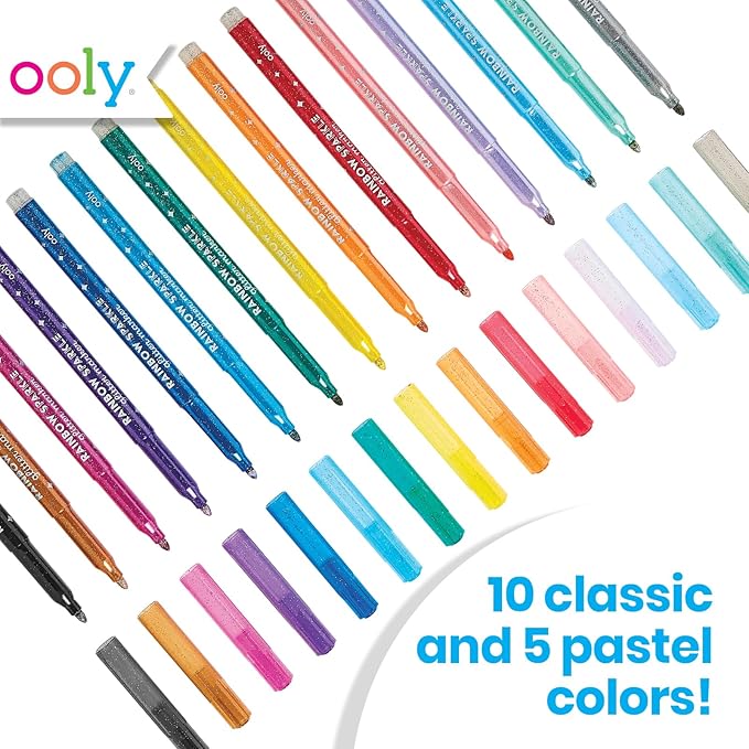Ooly Rainbow Sparkle Glitter Markers Set of 15, Includes 5 Pastel & 10 Classic Color Markers, Glittery & Sparkling Marker for Kids, 2mm Nib for Medium Sized Lines - GLITTER VARIETY PACK