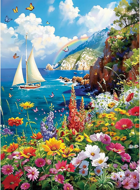 300 Pieces Puzzles for Adults–Colorful Garden By The Ocean Puzzle for Adults Children Elderly–Recycled Paper Puzzle 300 Pieces–Glossy, Sturdy Pieces Challenging Family Game Great Gift Idea (20.5x15in)