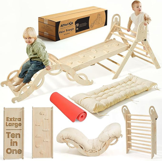 Pikler Triangle Set – 10 in 1 Foldable Montessori Indoor Climbing Toy with Yoga Mat & Cushion | Extra Large Wooden Play Set | Eco-Friendly | Ages 3+