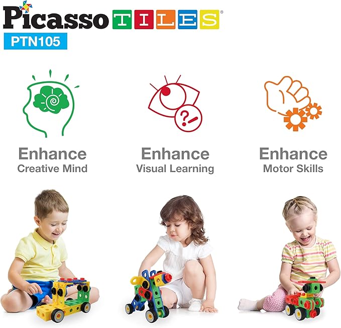 PicassoTiles STEM Learning Toys 105 Piece Building Block Set Kids Construction Engineering Kit Toy Blocks Children Early Education Playset w/IdeaBook, Power Drill, Clickable Ratchet, Age 3+ PTN105