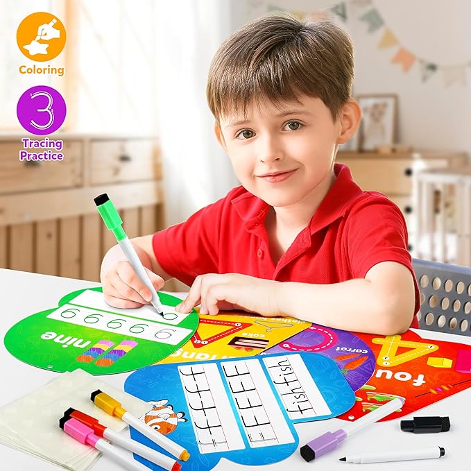D-FantiX 55 Pcs Dry Erase Number & Alphabet Flash Cards for Toddlers, Double Sided Write and Wipe Educational Preschool Flashcards, Number Colors Shapes Letters Tracing Handwriting Practice for Kids