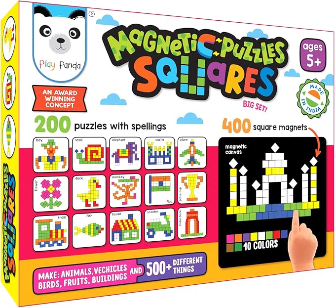 Magnetic Tangram Puzzles Toys for Kids | 400 Magnet Squares Shapes with 200 Patterns Booklet, Board & Display Stand | STEM Educational and Learning Games for Ages 4 5 6+ Years|Gifts for Girls & Boys