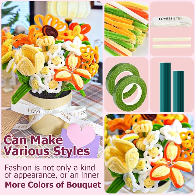 Pipe Cleaners Craft, Multi-Colored Pipe Cleaners Kit, Chenille Stems for DIY Flower Making Kit with Floral Wires, Come with Flower Base, Ideas for Party & Home Decor (A15)