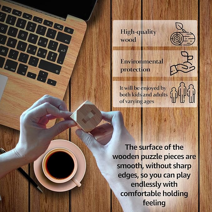 VolksRose 9pcs Wooden Brain Teaser Puzzles, IQ Challenge Puzzle Games, Logic Mind Puzzle Box Lock Toy Disentanglement 3D Small Brain Puzzle Gift Set for Adults Teenagers Kids, 1.8inch 4.5cm