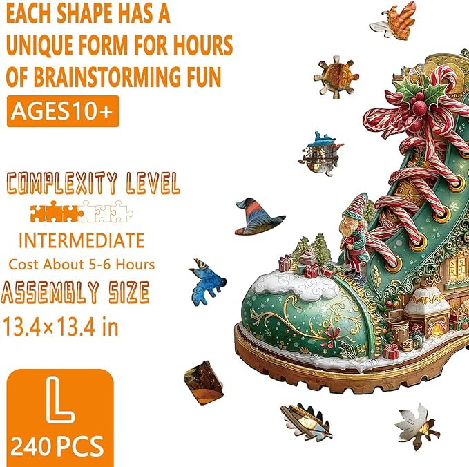 Wooden Puzzles for Adults, Christmas Snow Boot Hut Wooden Jigsaw Puzzle for Adults, Unique Shape Wood Puzzles Adult, Presents for Women and Men, Wall Art Home Decor(L-13.4 * 13.4in- 240 Pieces)