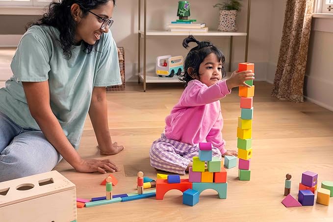 LOVEVERY | The Block Set | Solid Wood Building Blocks and Shapes + Wooden Storage Box, 70 Pieces, 18 Colors, 20+ Activities, Toddler Block Set and Converts into a Pull Car, Ages 12 to 48+ months