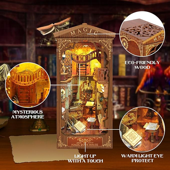 CRIOLPO Book Nook Kit - DIY Doll House Booknook, Book Nook Miniature Kit for Bookshelf Insert Decor Crafts for Adults Teen Halloween, 3D Wooden Puzzle Bookends with Sensor Led Light