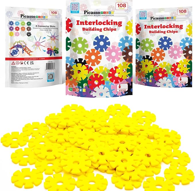 PicassoTiles Building Chip Interlocking Disc Construction Blocks in Yellow Color STEM Learning Early Education Toy Engineering Playset Child Brain Development for Toddlers Girls Boys Kid Age 3+ PTF108