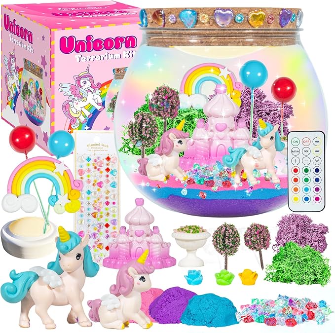 DANIUBE Unicorn Light Up Terrarium Craft Kit for Kids, DIY Unicorn Terrarium Crafts Kits with Remote LED Colorful Night Light for Kids Girls Ages 3 4 5 6 7 8-12 Years Old Birthday Gifts