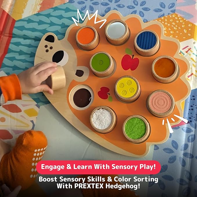 PREXTEX Sensory Hedgehog Toys for Toddlers - Montessori Color Sorting Toys - Includes 1 Wooden Board and 10 Colored Sensory Blocks - for Ages 12 Months and Up - Educational Toy - 1.5x12.9x10.7 in
