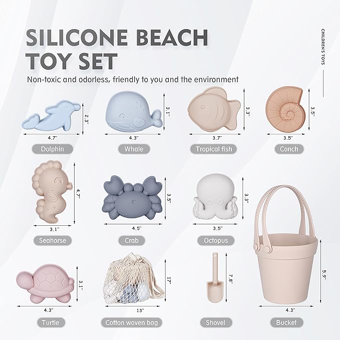 MarcZero 11Pcs Silicone Beach Toys,Modern Baby Beach Toys,Travel Friendly Beach Set,Silicone Bucket, Shovel, 8 Sand Molds, Beach Bag,Silicone Sand Toys for Toddlers, Kids (Begie)