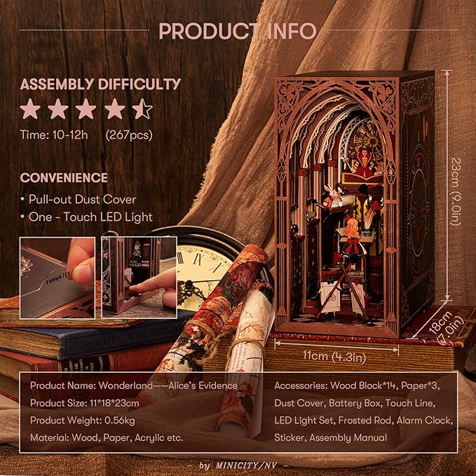 DIY Book Nook Kit for Adults, 3D Wooden Puzzle Bookend Bookshelf Insert Decor with LED Light and Dust Cover (Alice in Wonderland)