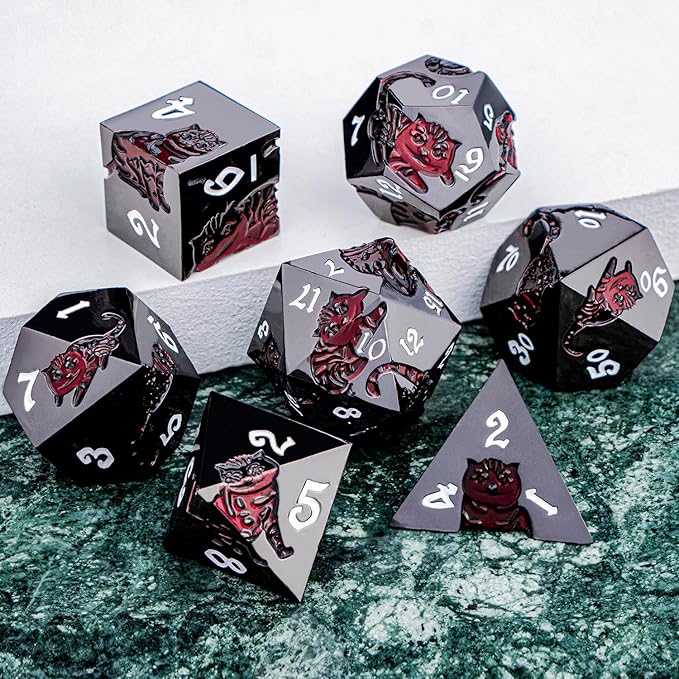 Metal DND Cat Dice 7PCS Polyhedral RPG Dice Set with Gift Case for Dungeons Dragons Role Playing Game, D and D Dice D6 D8 D10 D12 D20 D% (Red Black)