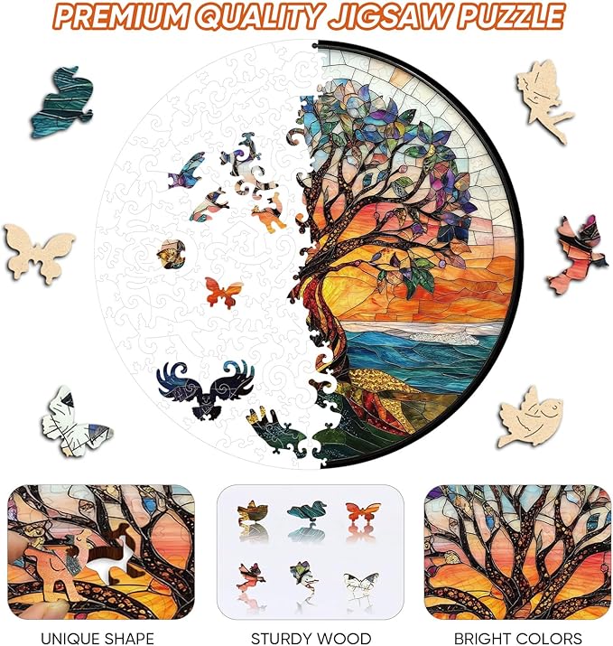 Wooden Puzzles for Adults, Stained Glass Puzzles Tree of Life 200 Piece,5MM Thickness, Tree Jigsaw Puzzles, Irregular Wood Creative for Adults and Kids Family Games