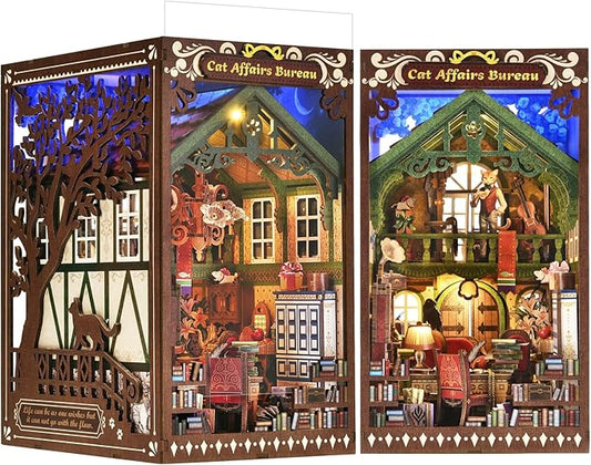 Book Nook DIY Kit for Adults Wooden 3D Puzzle Story 3D Bookend Bookshelf Decoration Miniature Doll House Interior Goods Gift,Cat Affairs Bureau