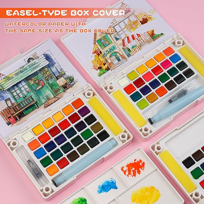 Watercolor Painting Set, Travel Paint Set Graspable Paint Set Portable Watercolor Sketching Kit with Water Pen,24 Sheets Watercolor Papers,3 Tutorial Video-30colors